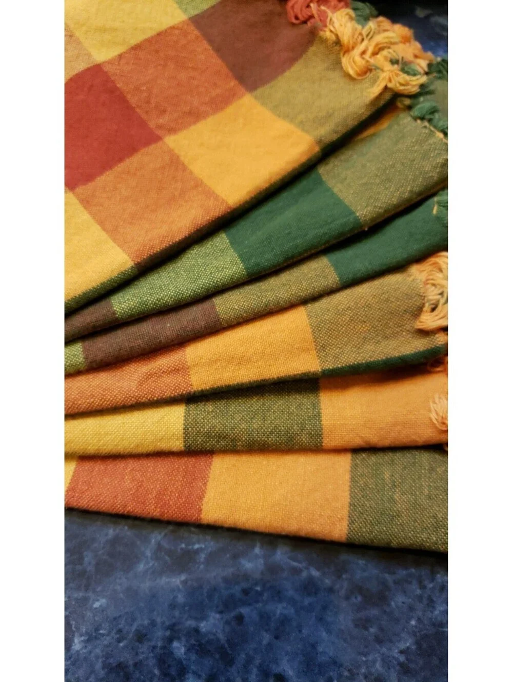 Fall Plaid Napkins Fringe Edges Set of 6 Cotton 16x16 Thanksgiving Orange Green